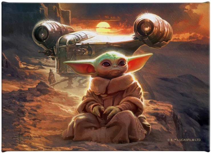 “Grogu sitting in a desert landscape at sunset with the Razor Crest behind him in The Foundling’s Journey, Star Wars artwork by Thomas Kinkade Studios.”