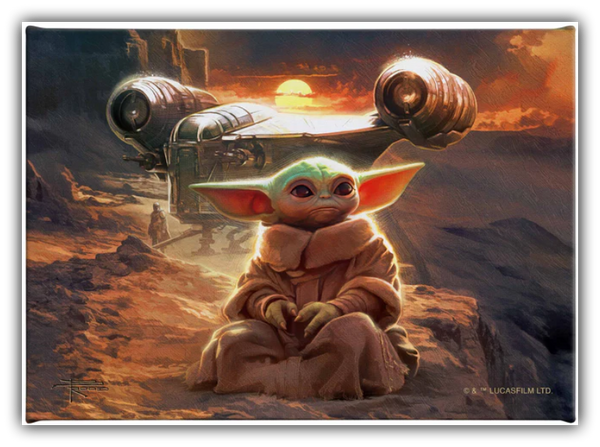 “Grogu sitting in a desert landscape at sunset with the Razor Crest behind him in The Foundling’s Journey, Star Wars artwork by Thomas Kinkade Studios.”
