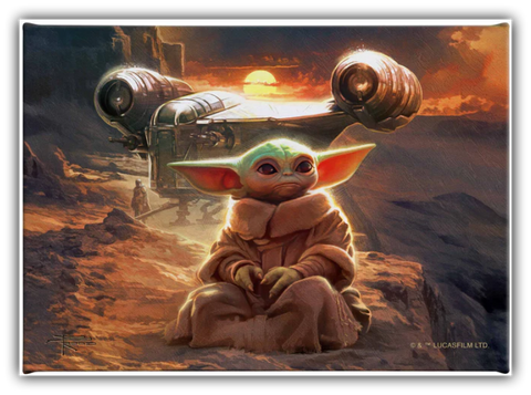 “Grogu sitting in a desert landscape at sunset with the Razor Crest behind him in The Foundling’s Journey, Star Wars artwork by Thomas Kinkade Studios.”