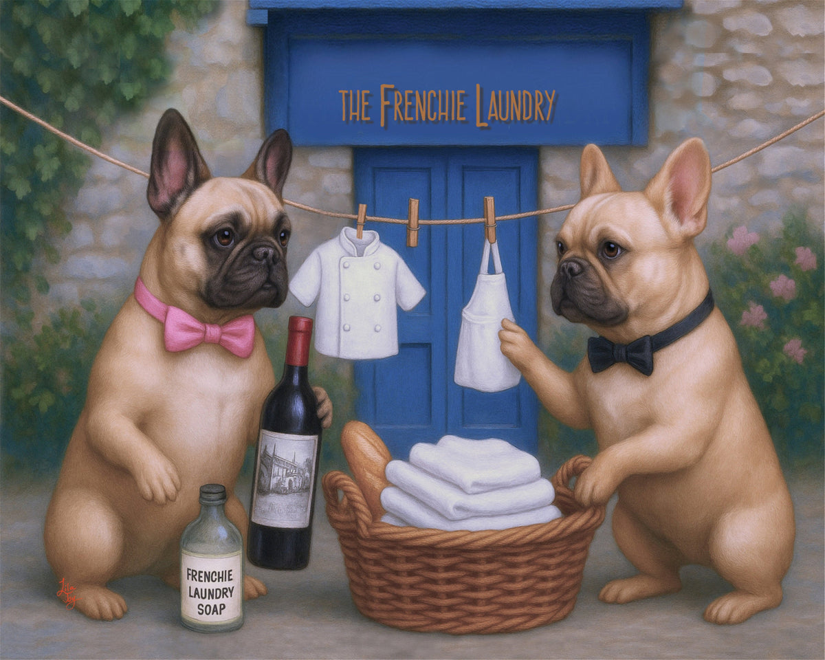 Two French Bulldogs at the French Laundry restaurant with laundry soap, chefs coats and aprons, and wine.