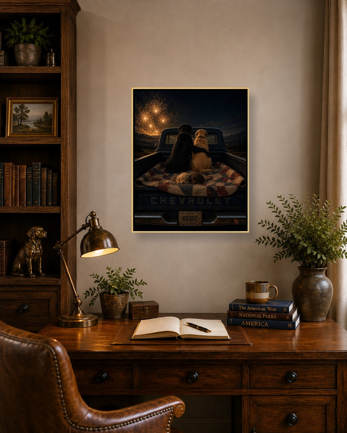 Home of the Brave by Lila Joy displayed in a cozy traditional office featuring a gold float-framed patriotic dog artwork above a dark wood desk with brass lamp, leather chair, books, and greenery.