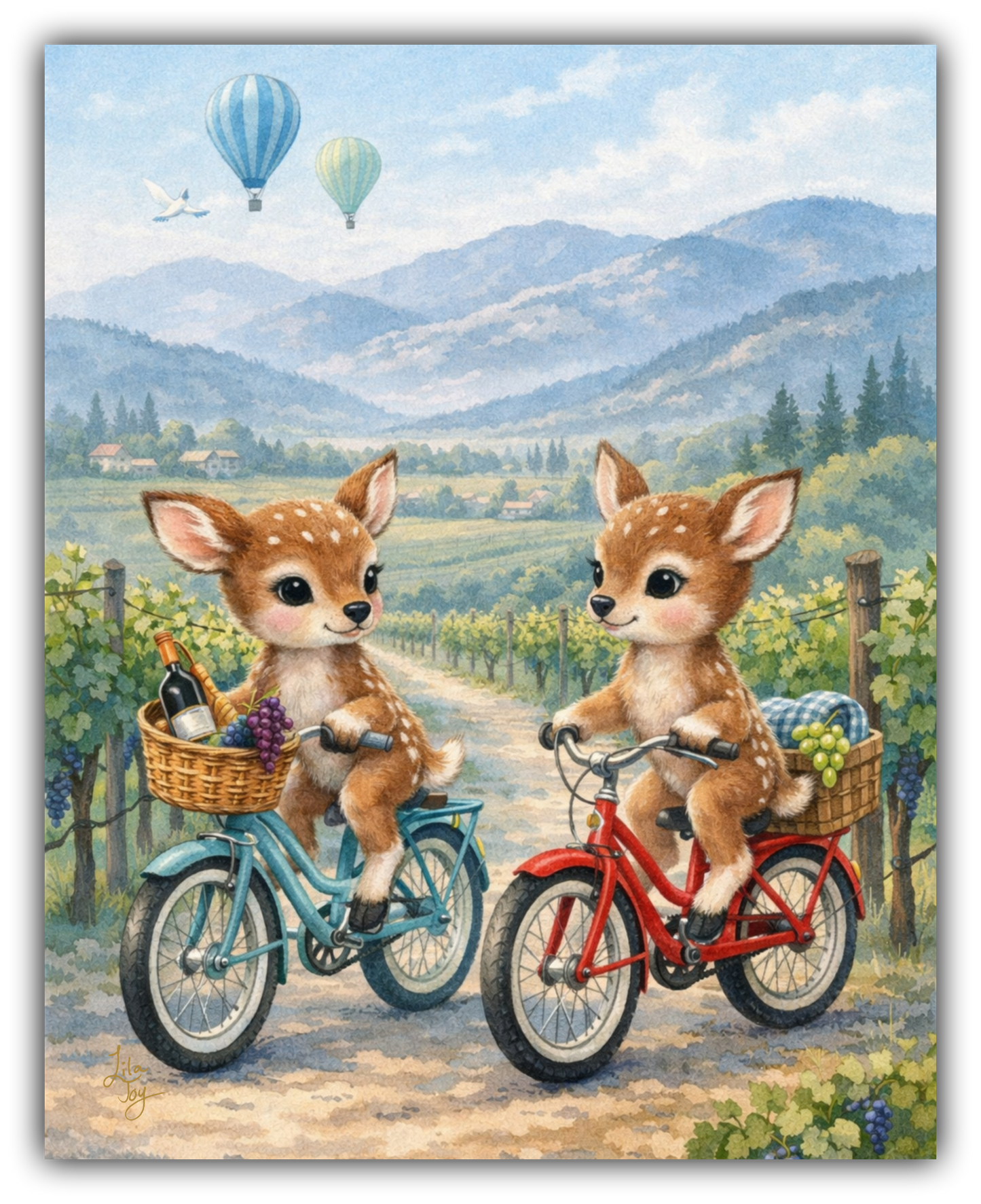 Whimsical vineyard art of two baby deer riding vintage bicycles through wine country with grapes and rolling hills by Lila Joy