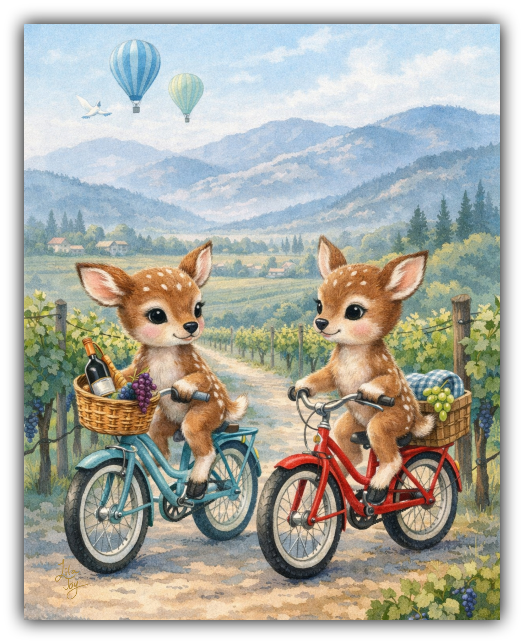 Whimsical vineyard art of two baby deer riding vintage bicycles through wine country with grapes and rolling hills by Lila Joy