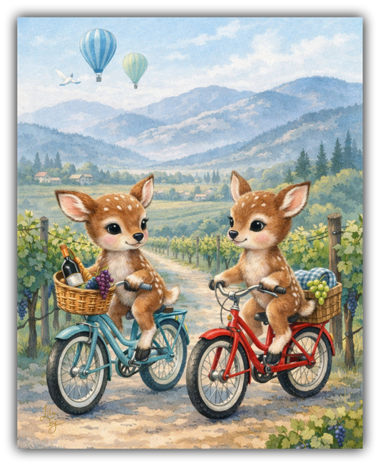 Whimsical vineyard art of two baby deer riding vintage bicycles through wine country with grapes and rolling hills by Lila Joy