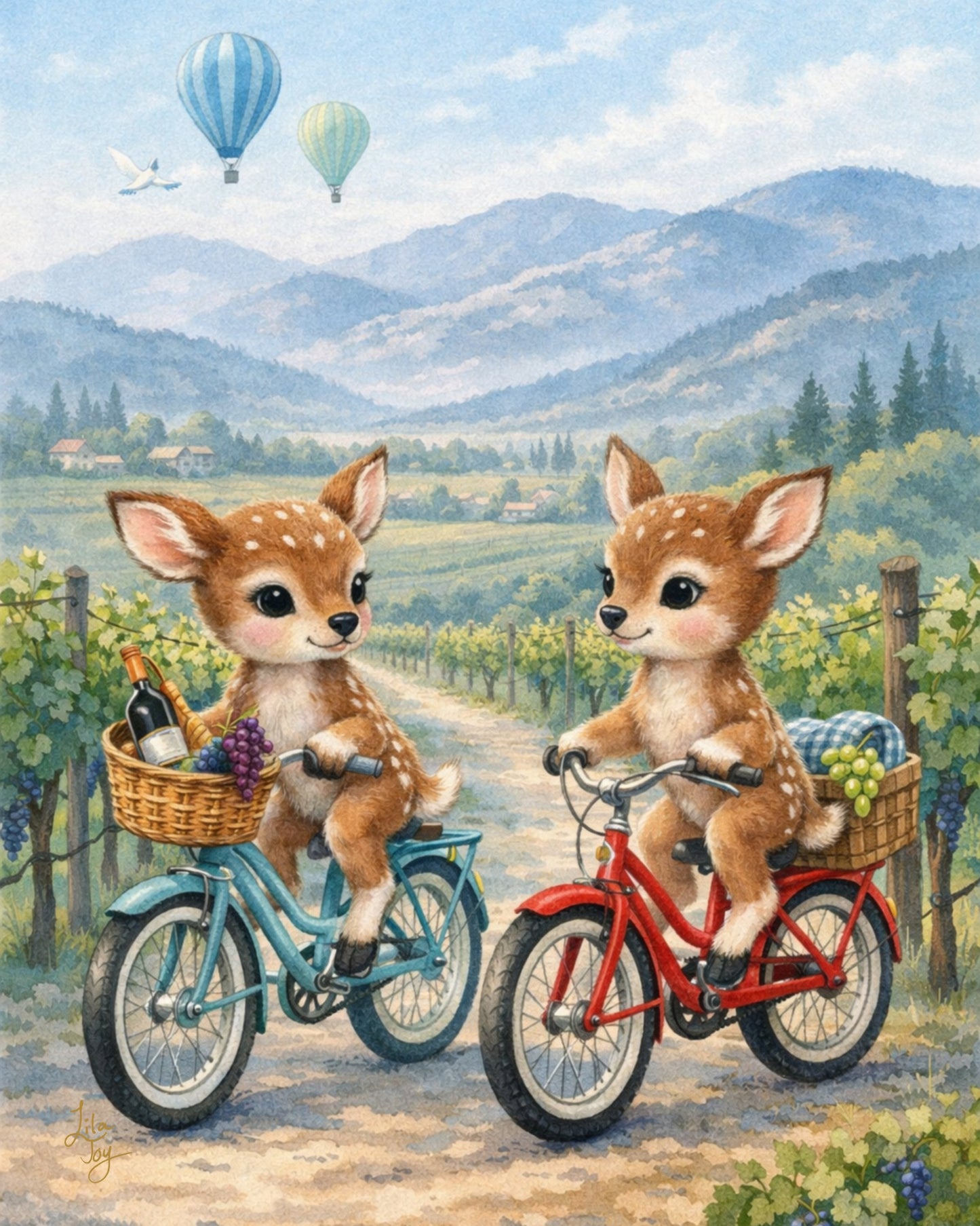 Storybook-style vineyard illustration featuring two fawns on bicycles with baskets of grapes in a scenic wine country landscape