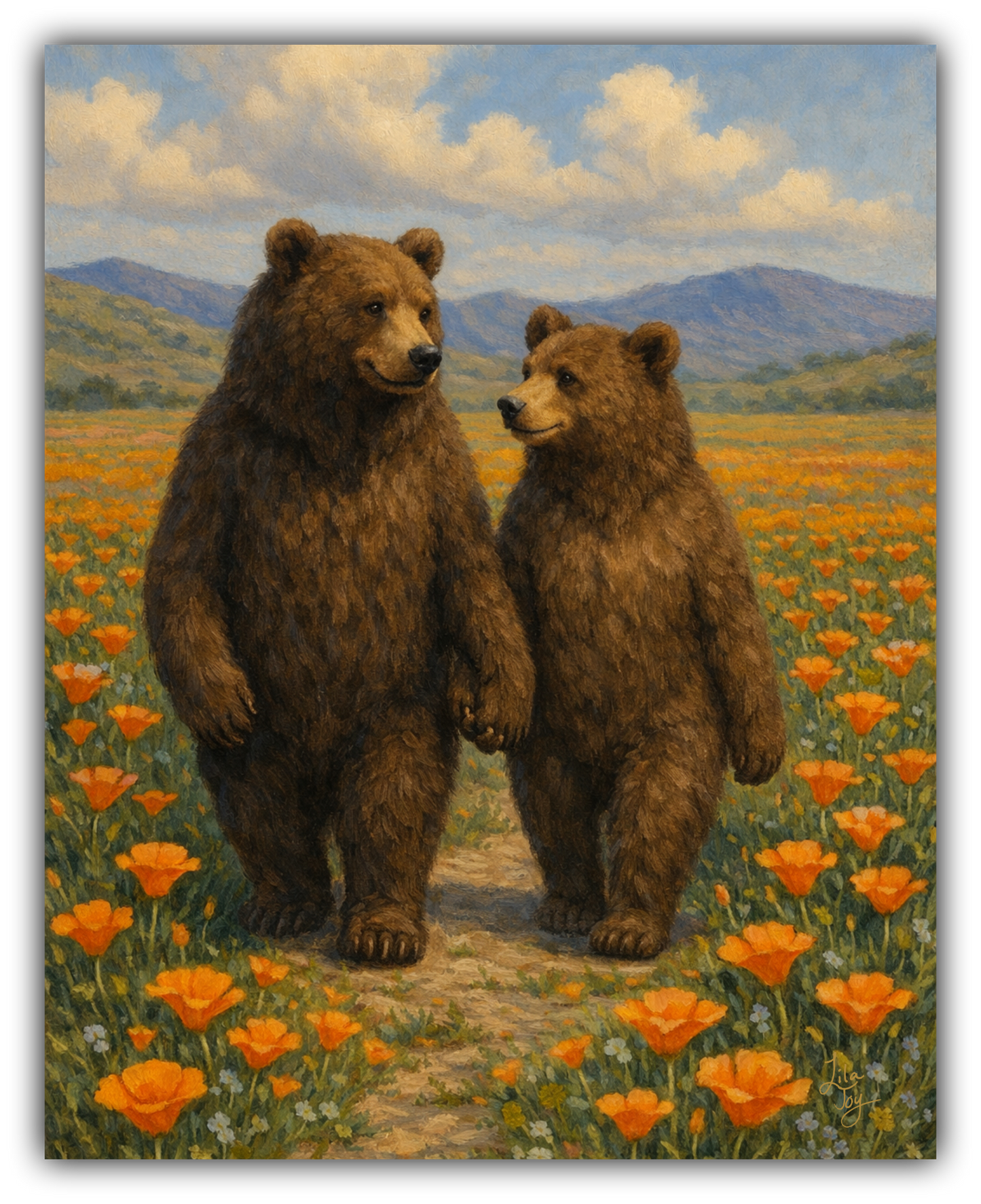 Bear couple strolling through golden California poppies, fine art print by Napa Valley artist Lila Joy