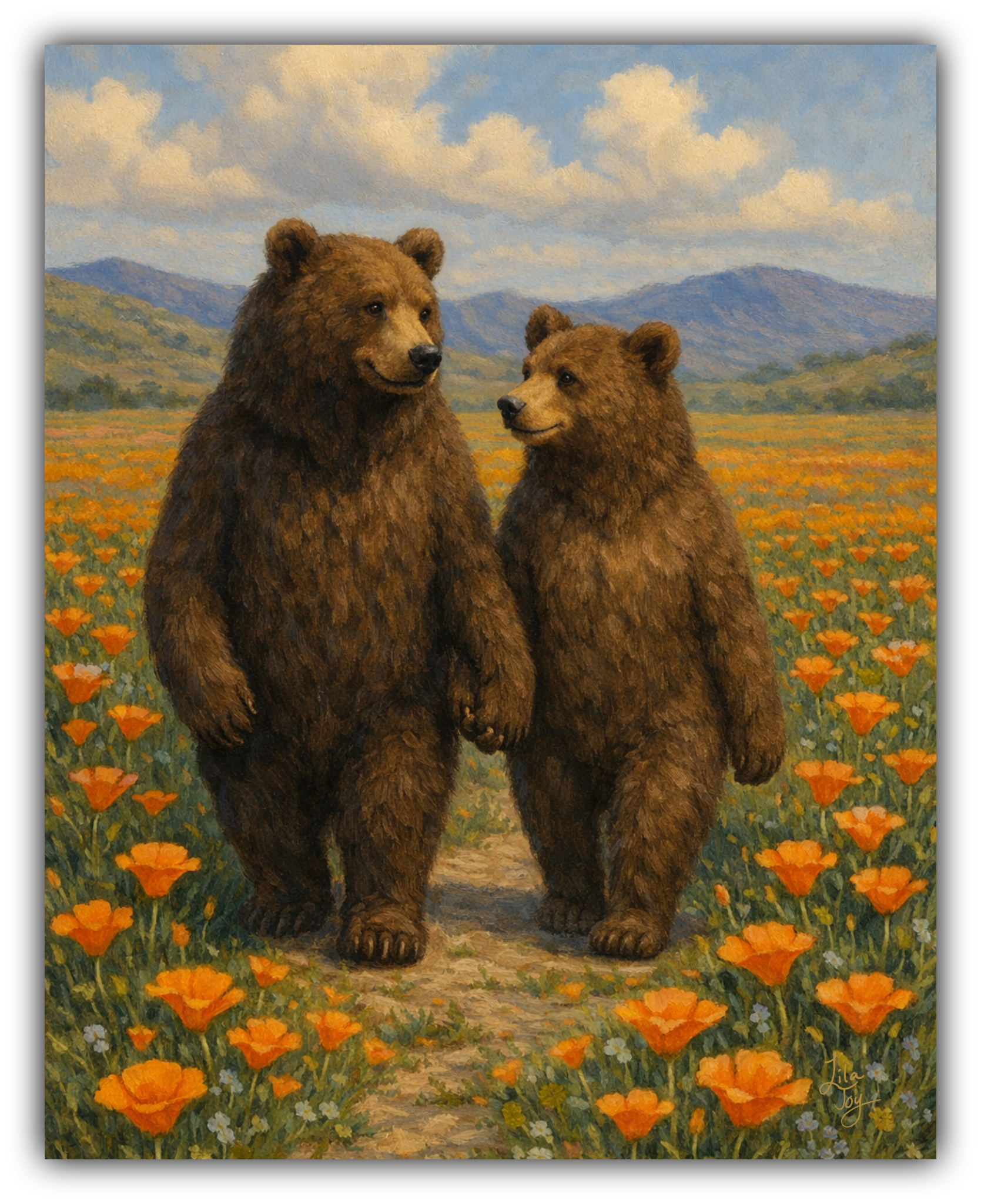 Bear couple strolling through golden California poppies, fine art print by Napa Valley artist Lila Joy
