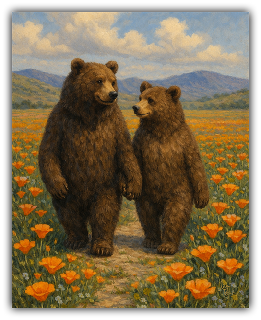 Bear couple strolling through golden California poppies, fine art print by Napa Valley artist Lila Joy