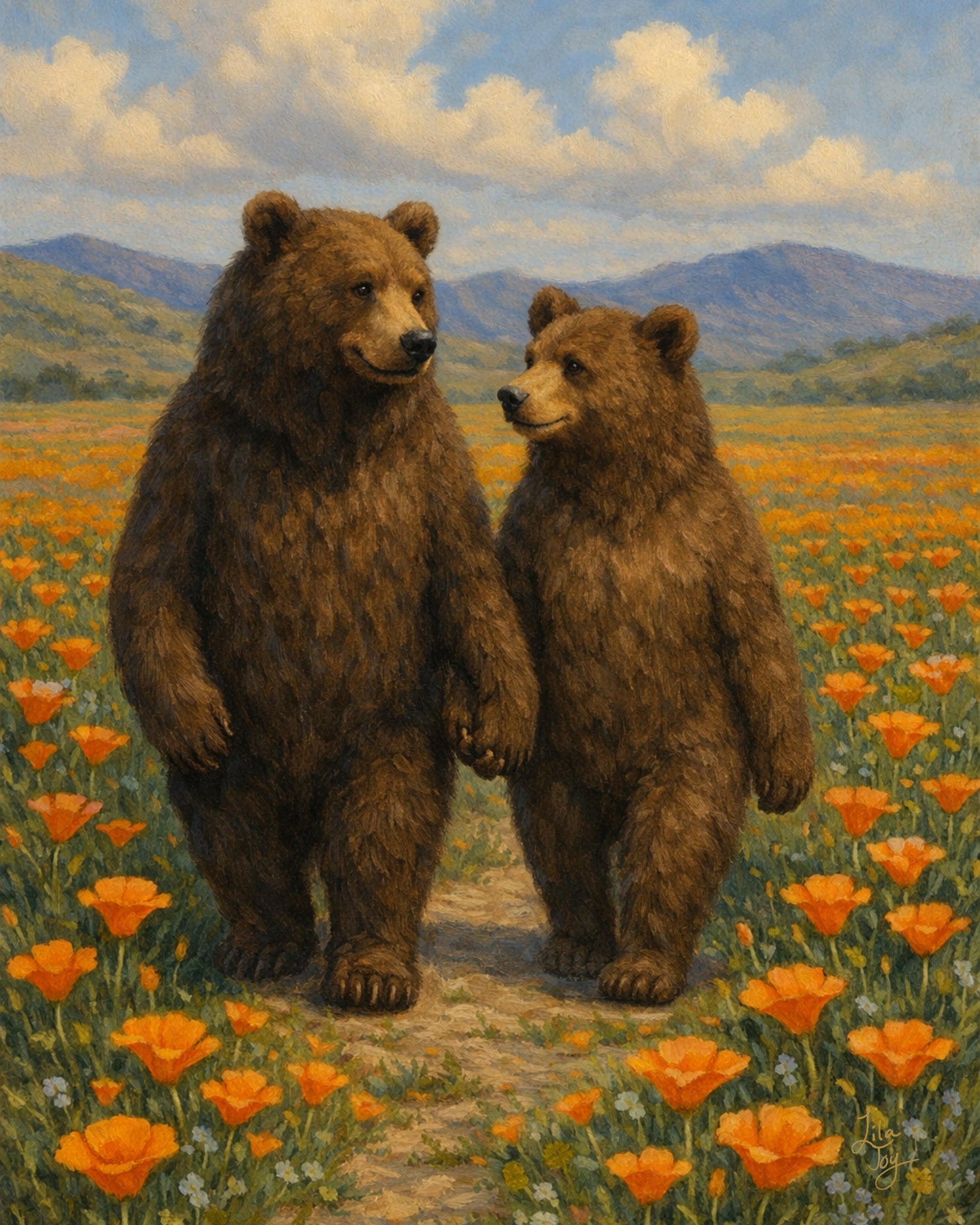 Cali Love by Lila Joy – two bears walking hand in paw through a California poppy field in a romantic contemporary realism style.
