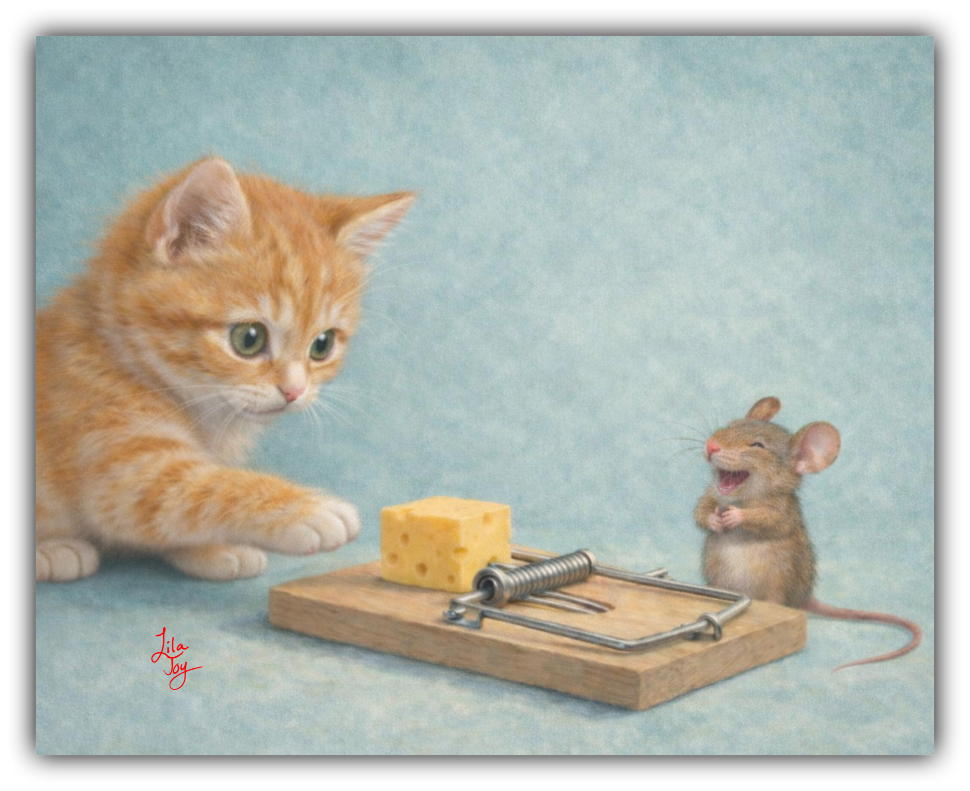 Illustration of a kitten looking at a mouse and cheese on a mousetrap.