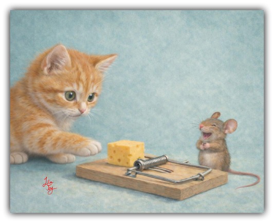 Illustration of a kitten looking at a mouse and cheese on a mousetrap.
