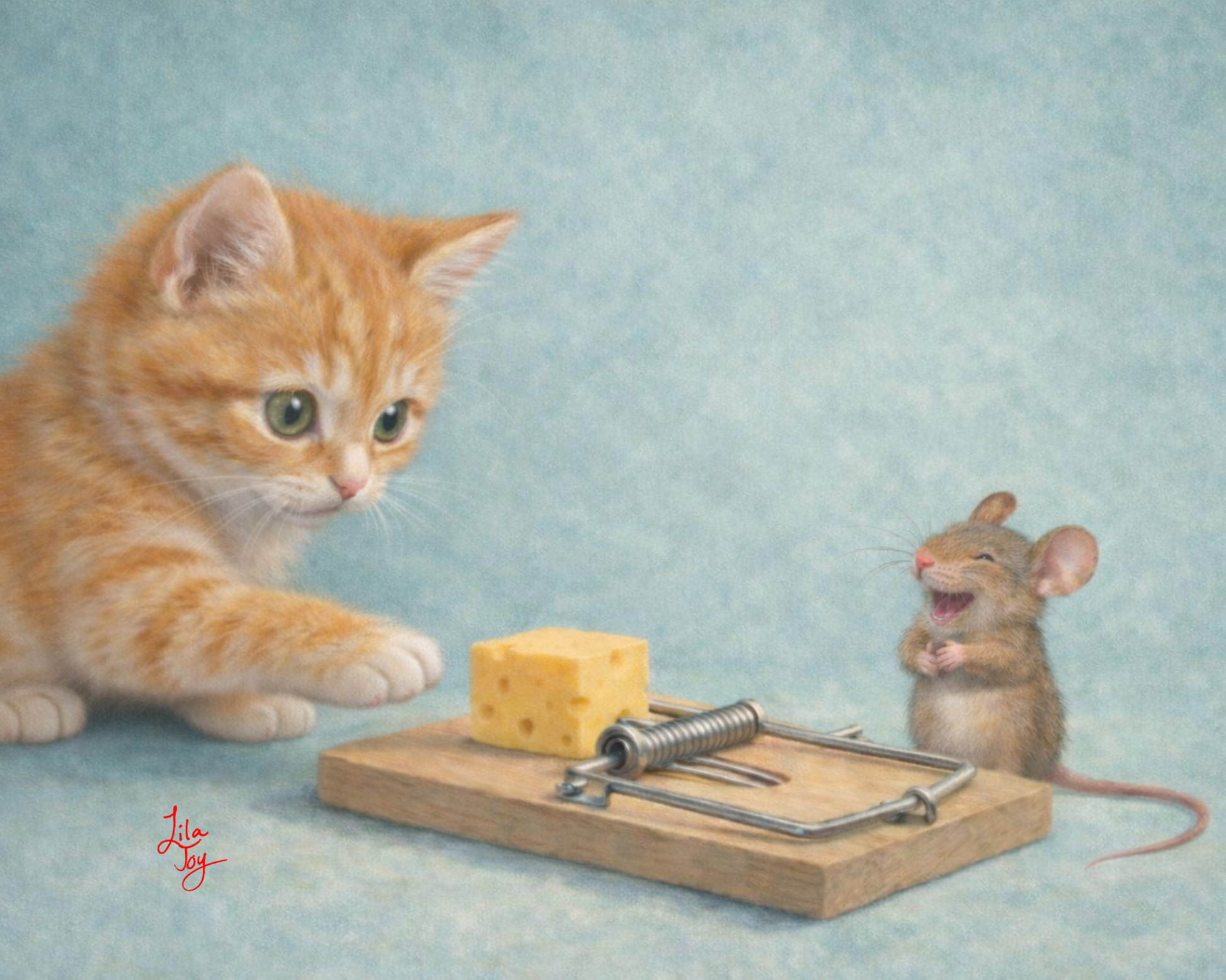 Orange tabby kitten reaching toward a mousetrap with cheese while a smiling mouse watches on a soft blue background