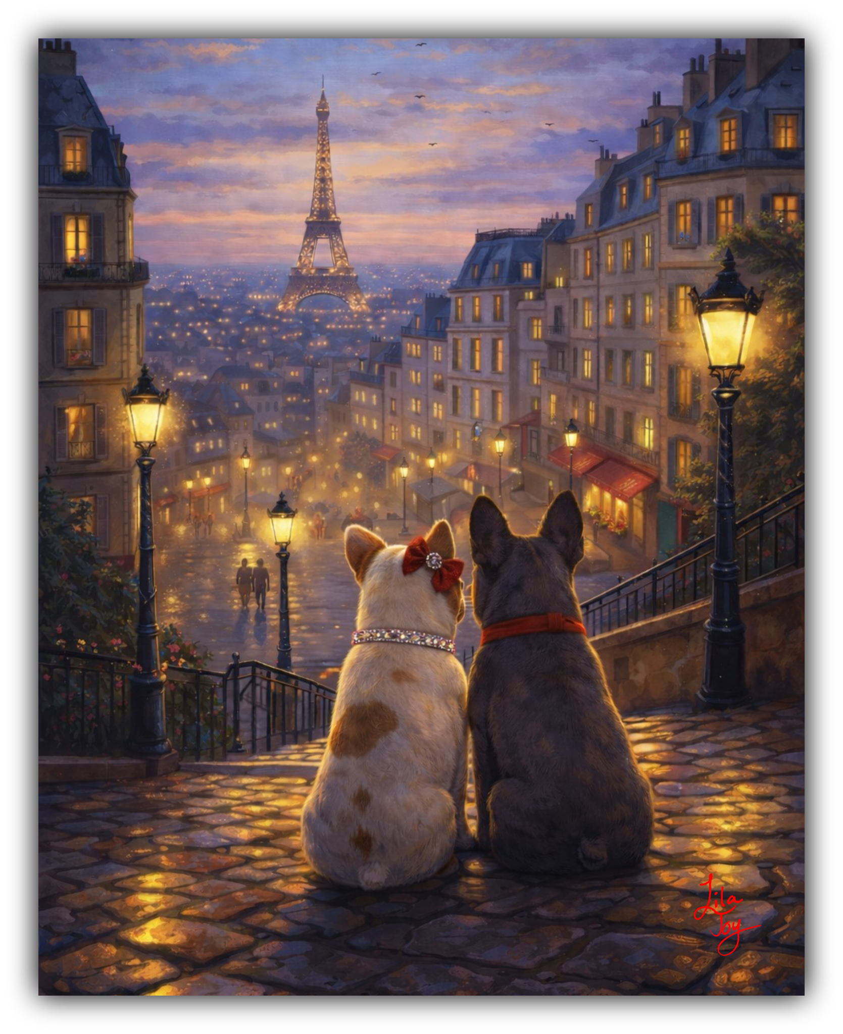 Two dogs sitting on a Parisian street at night with the Eiffel Tower in the background.