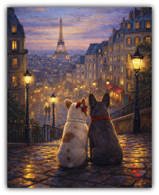 Two dogs sitting on a Parisian street at night with the Eiffel Tower in the background.