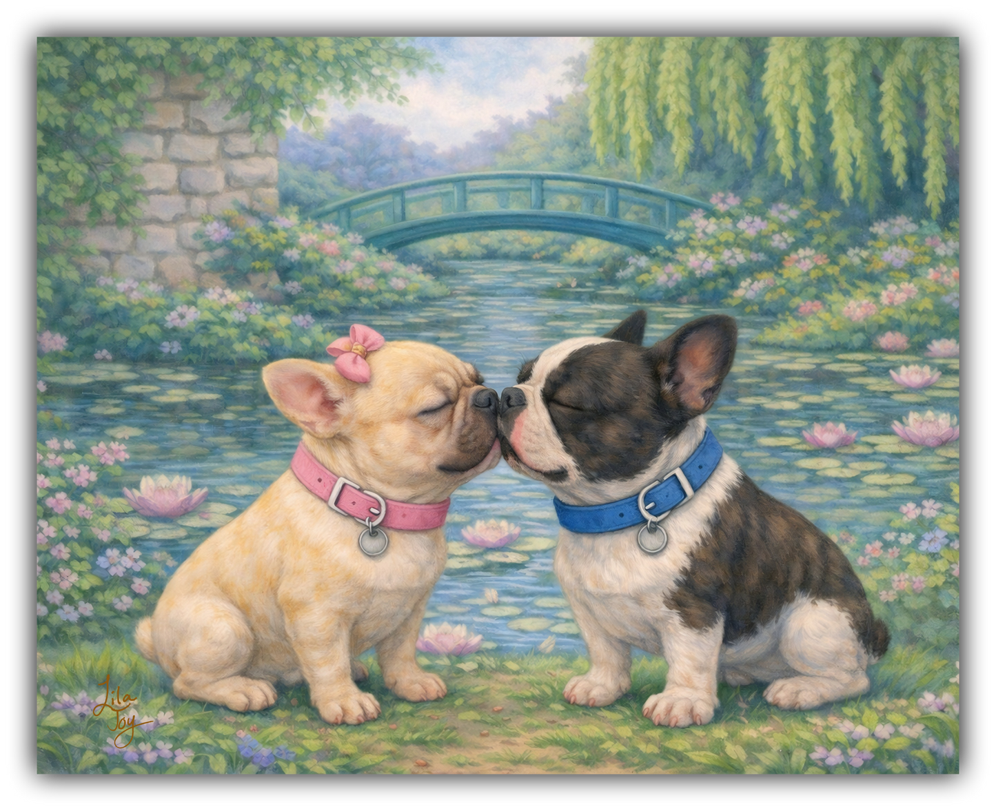 Two French bulldogs sharing a gentle kiss in a Monet-inspired garden with water lilies and a small arched bridge, whimsical realism artwork by Lila Joy.