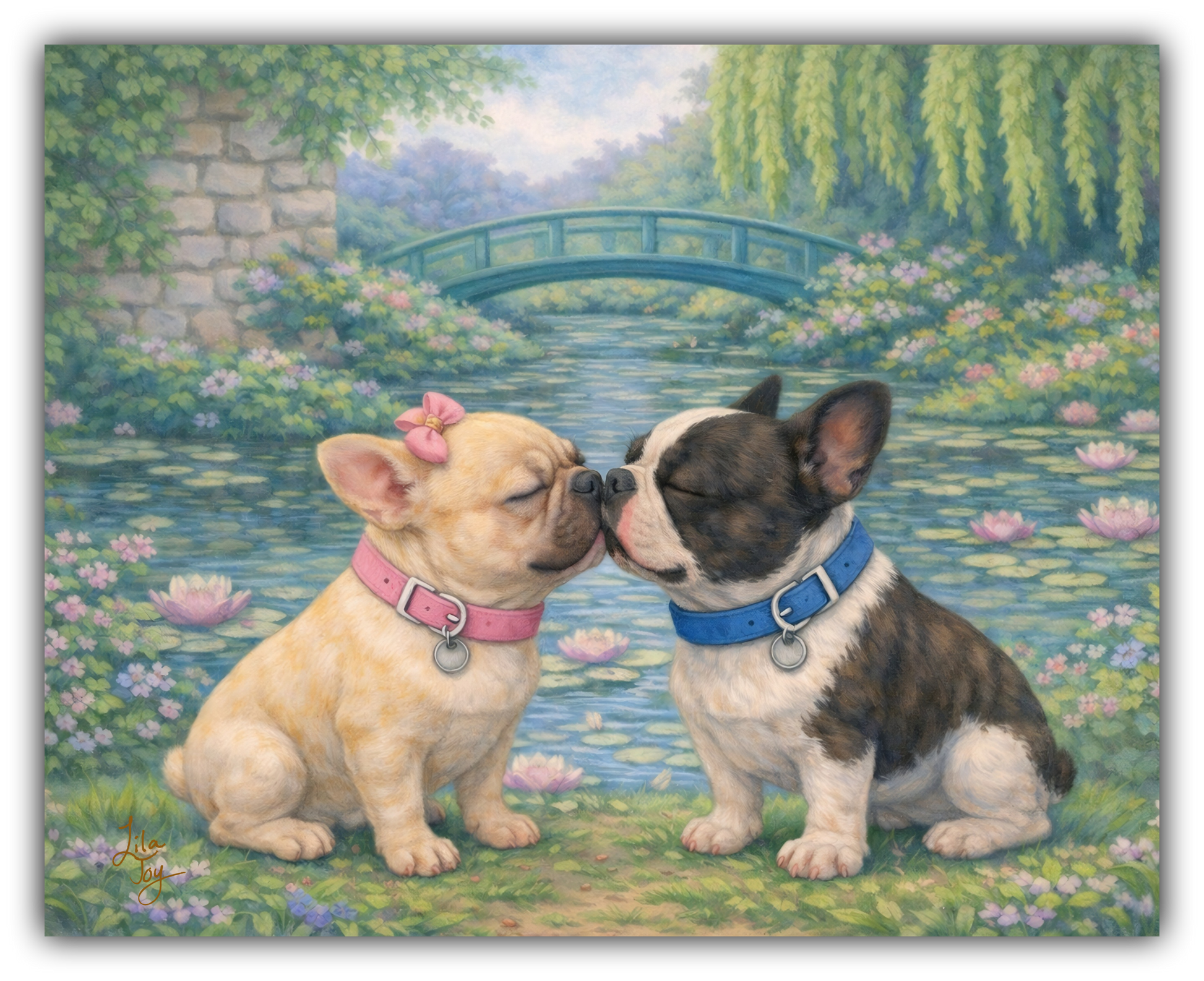 Two French bulldogs sharing a gentle kiss in a Monet-inspired garden with water lilies and a small arched bridge, whimsical realism artwork by Lila Joy.