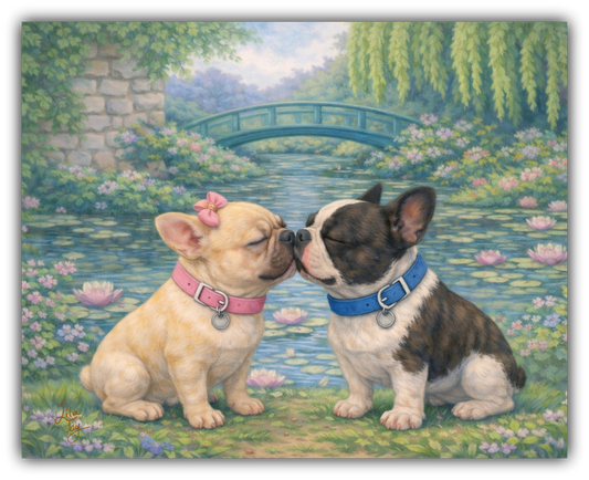 Two French bulldogs sharing a gentle kiss in a Monet-inspired garden with water lilies and a small arched bridge, whimsical realism artwork by Lila Joy.