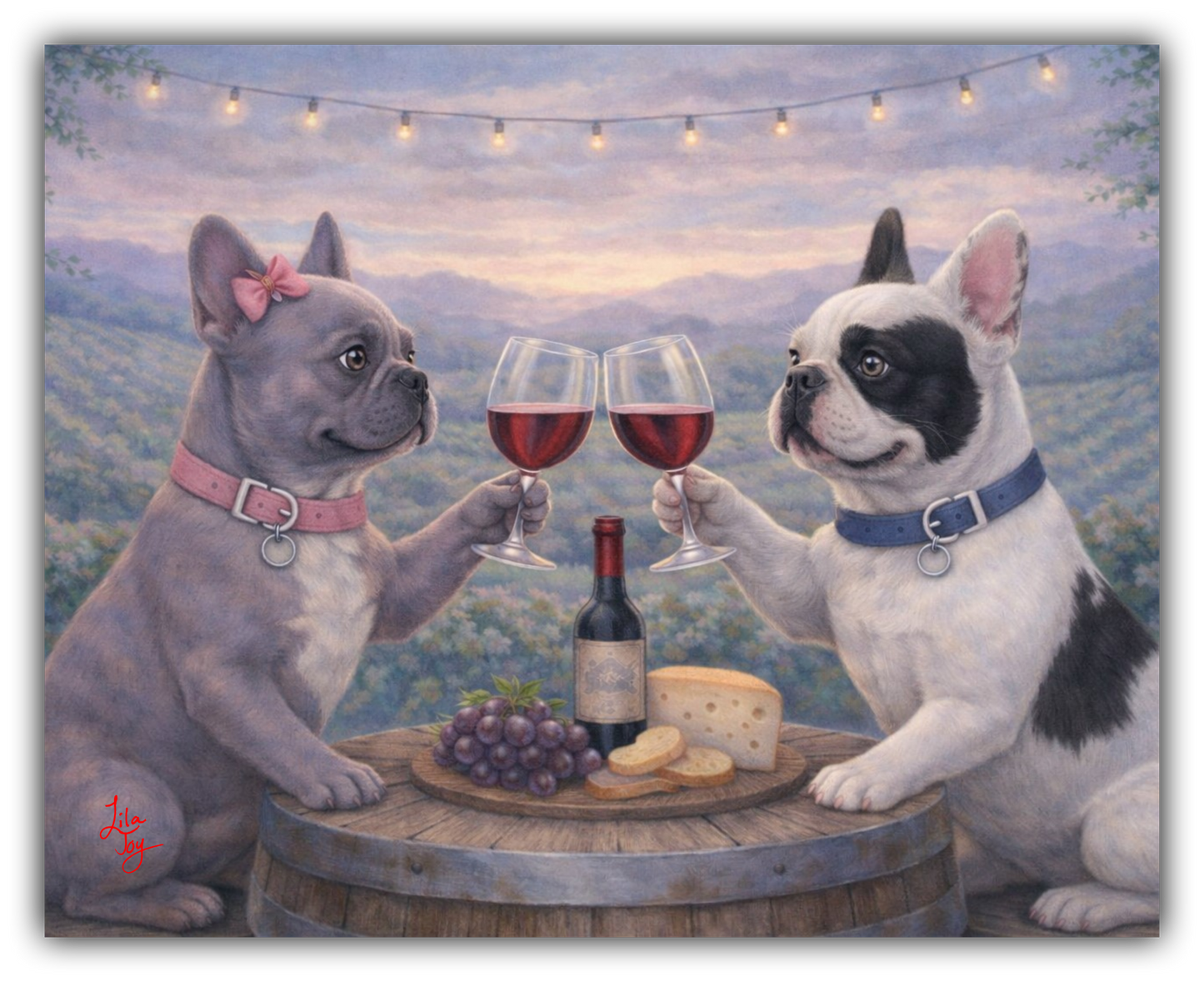 Two French bulldogs clinking glasses of red wine at a barrel table with cheese and grapes overlooking a vineyard at sunset