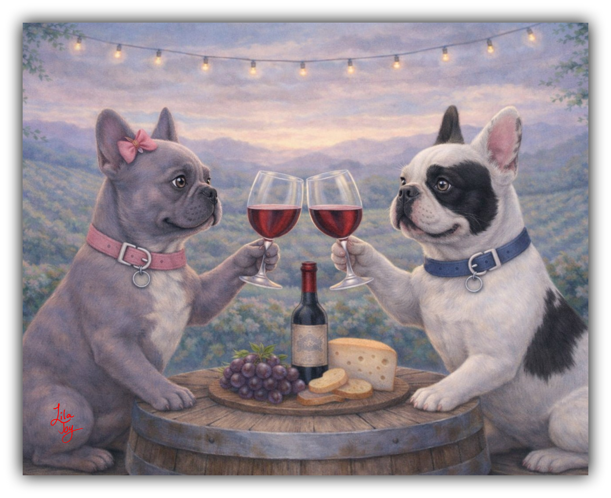 Two French bulldogs clinking glasses of red wine at a barrel table with cheese and grapes overlooking a vineyard at sunset