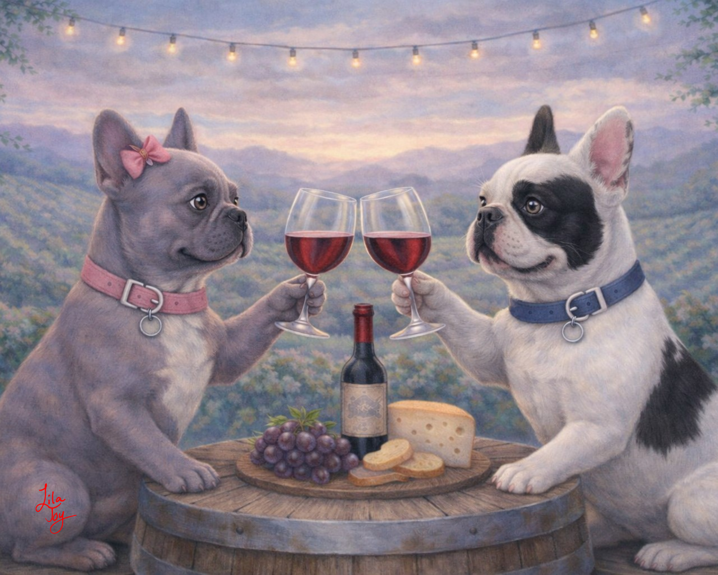 Whimsical painting of French bulldog couple toasting wine under string lights with Napa Valley vineyard background