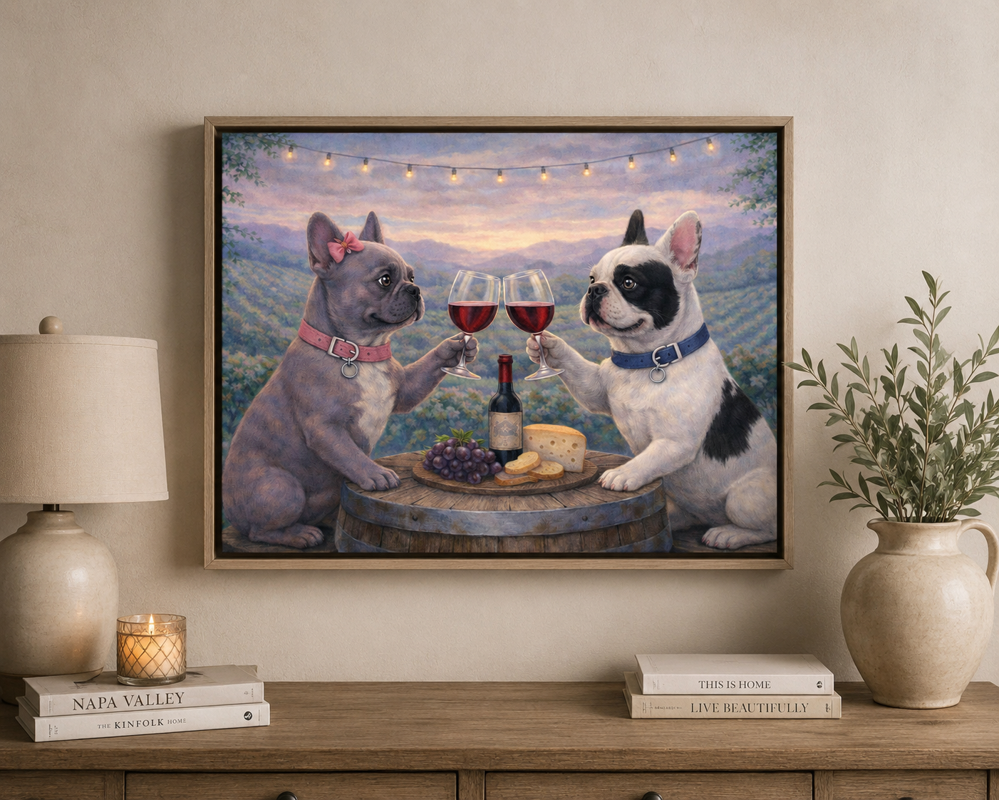 Frenchie Toast canvas print by Lila Joy displayed in a warm wine-inspired interior with two French bulldogs sharing a Napa Valley toast.