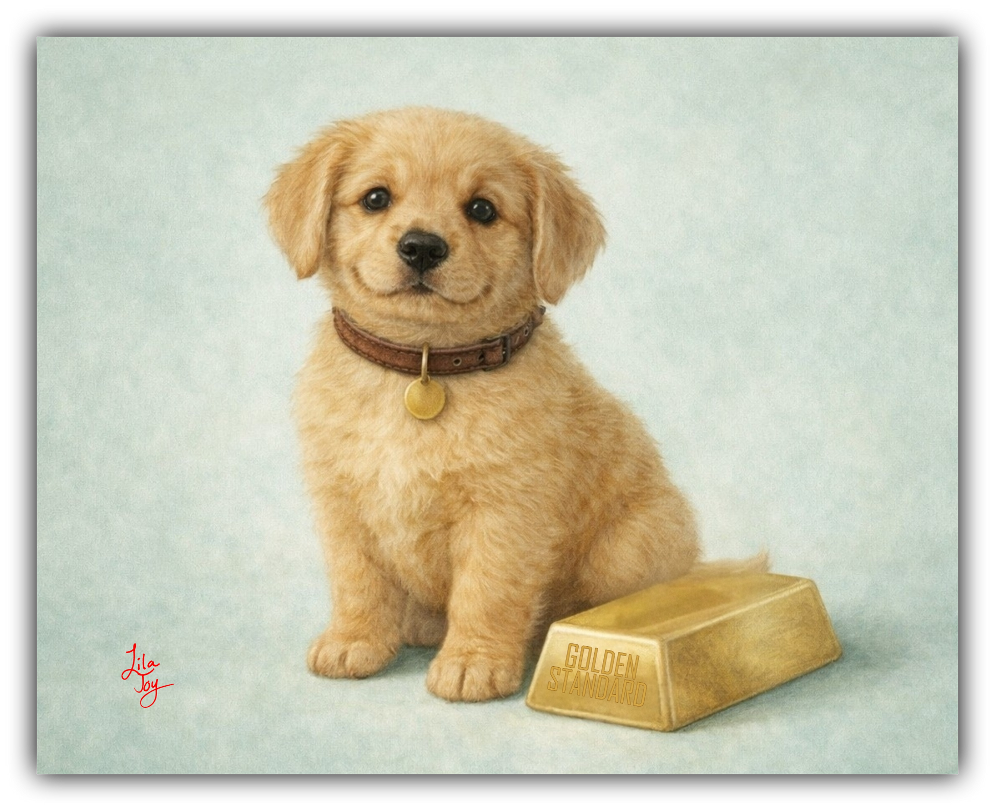 Golden retriever puppy sitting beside a gold bar labeled golden standard on a soft sage background