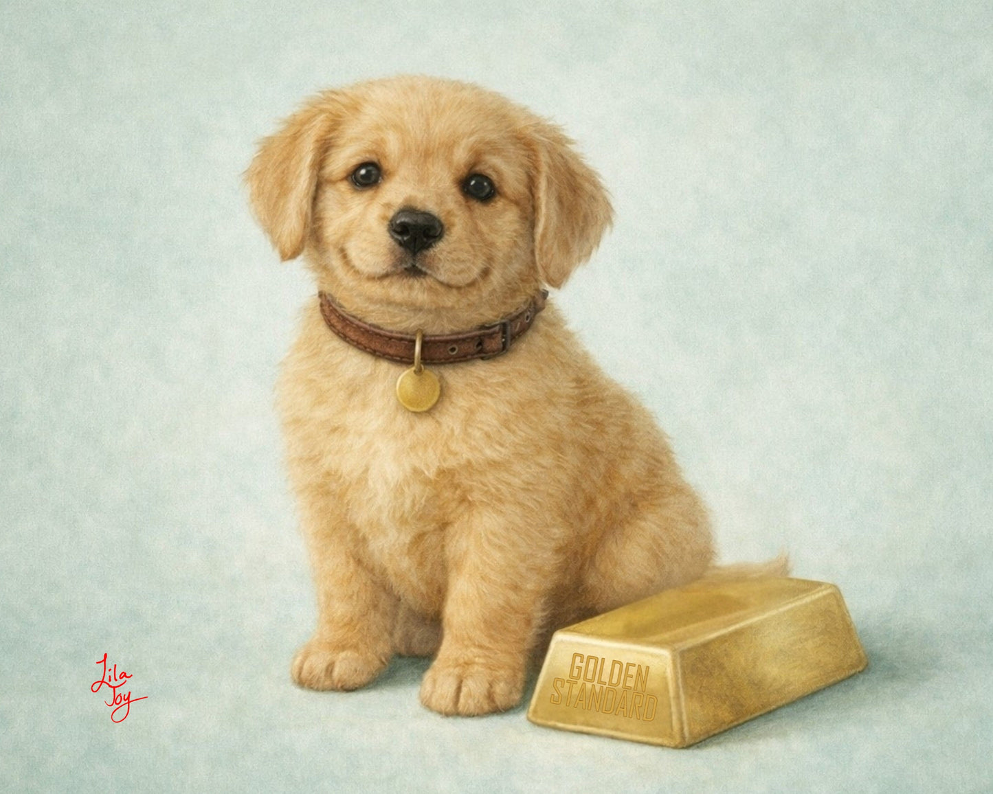 Whimsical realism artwork of a cute golden puppy with a gold bar symbolizing value and companionship
