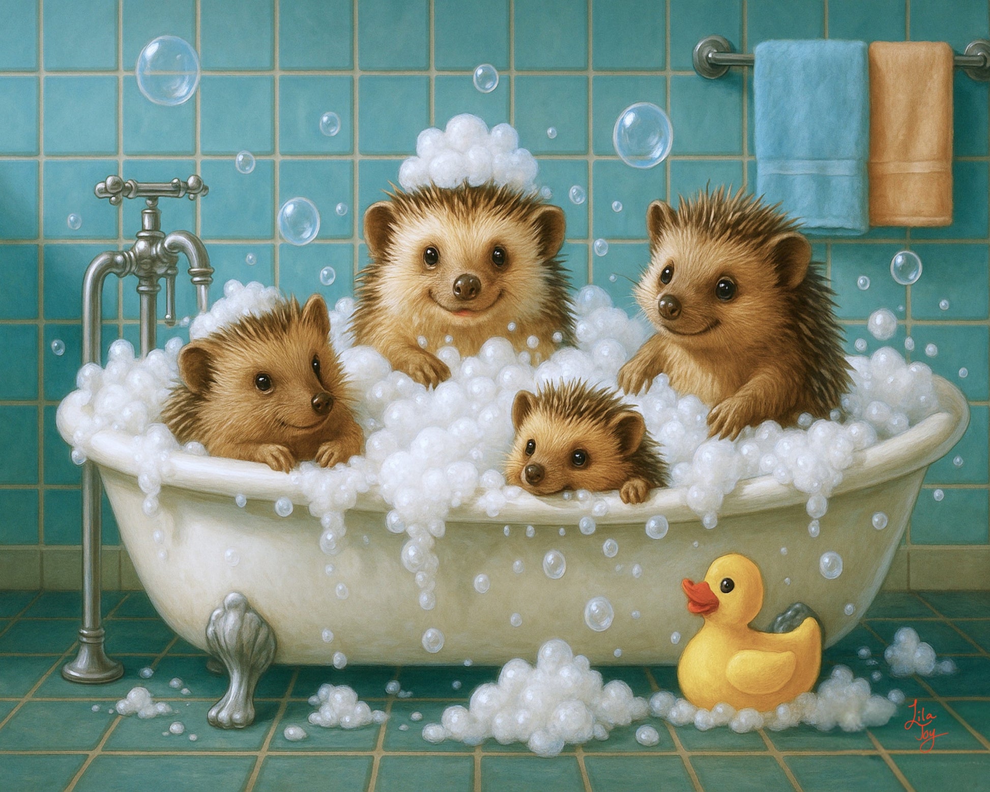 Charming animal art print featuring smiling hedgehogs in a bubbly bathtub with soft teal tones and storybook-style detail, part of the Lila Joy Whimsical Wonders collection.