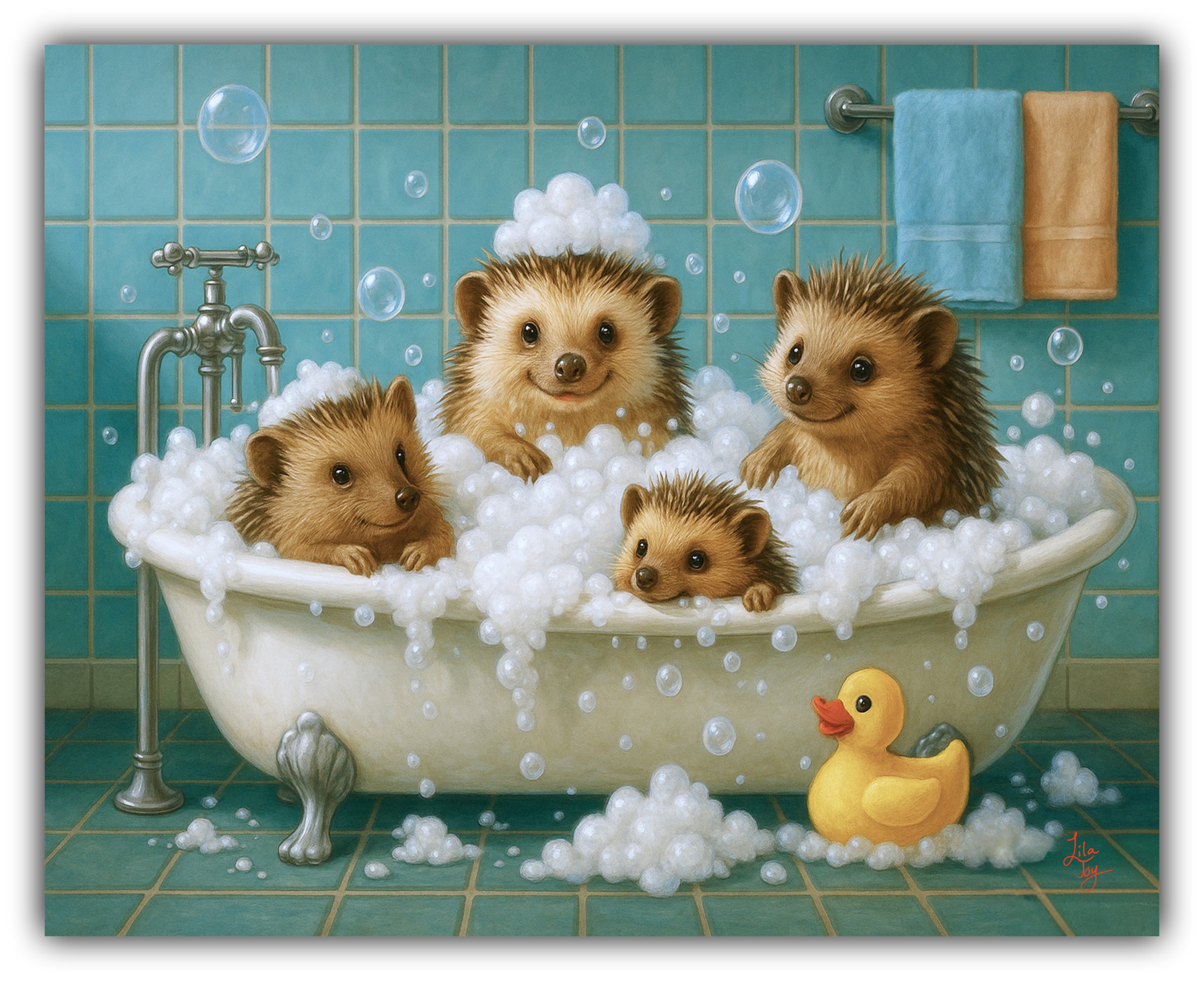 Whimsical artwork of four hedgehogs taking a bubble bath together in a vintage clawfoot tub, surrounded by floating bubbles, teal tile walls, and a playful rubber duck, by artist Lila Joy.