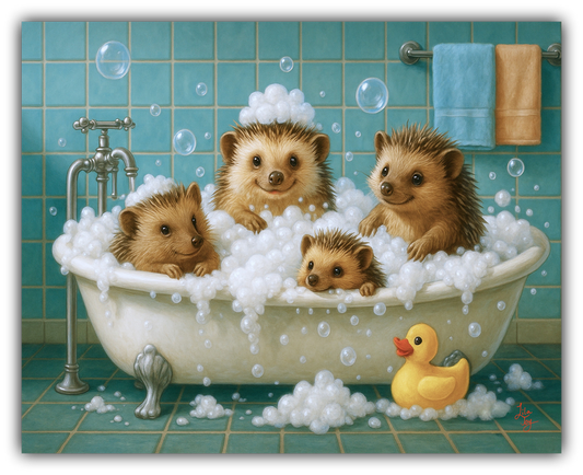 Whimsical artwork of four hedgehogs taking a bubble bath together in a vintage clawfoot tub, surrounded by floating bubbles, teal tile walls, and a playful rubber duck, by artist Lila Joy.