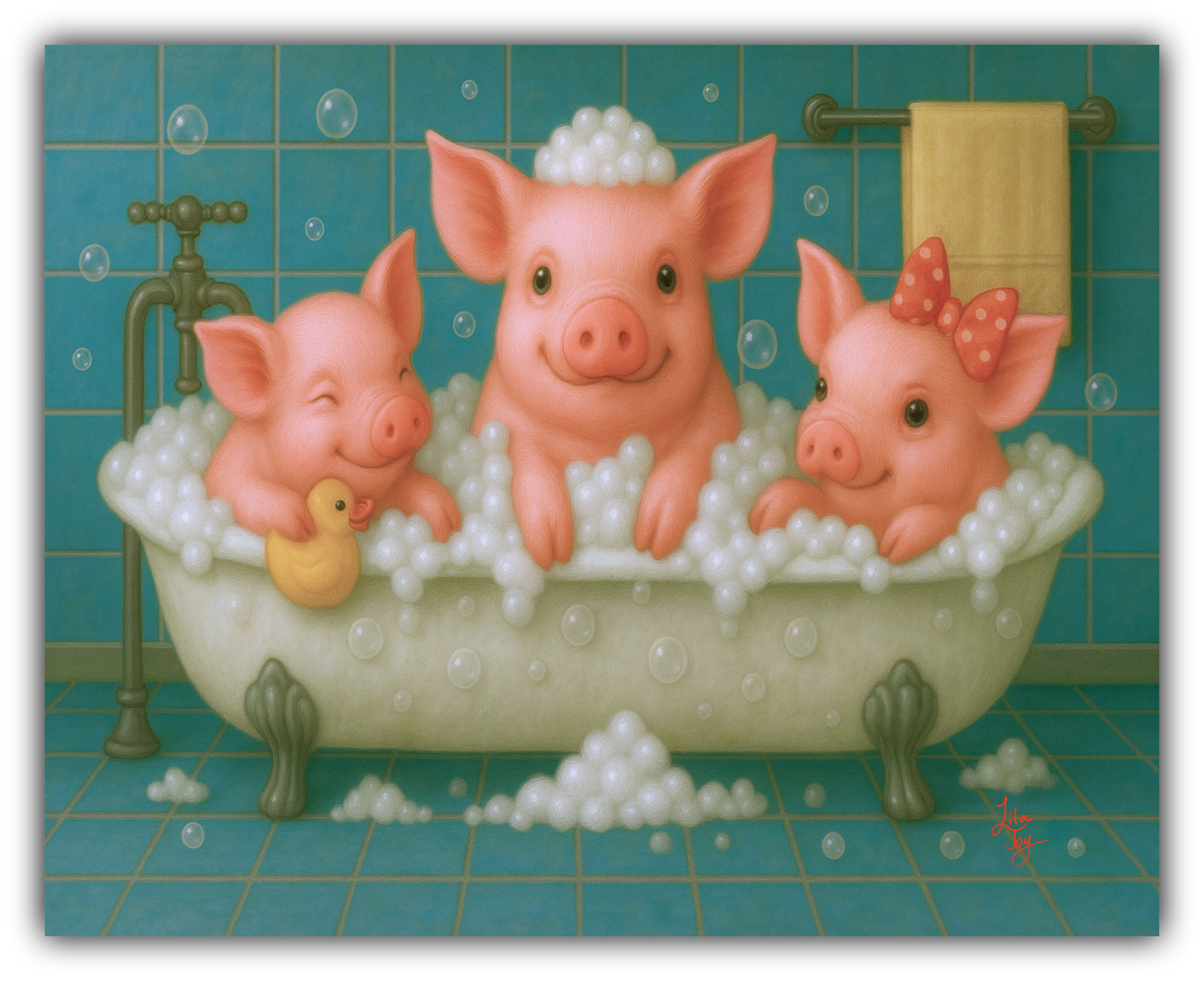 Three pink piglets smiling in a bubble bath tub with rubber duck and teal tile background