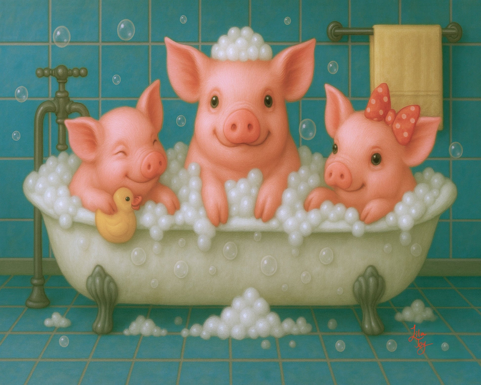 Whimsical realism artwork of happy pigs in a vintage bathtub filled with bubbles and playful bath scene