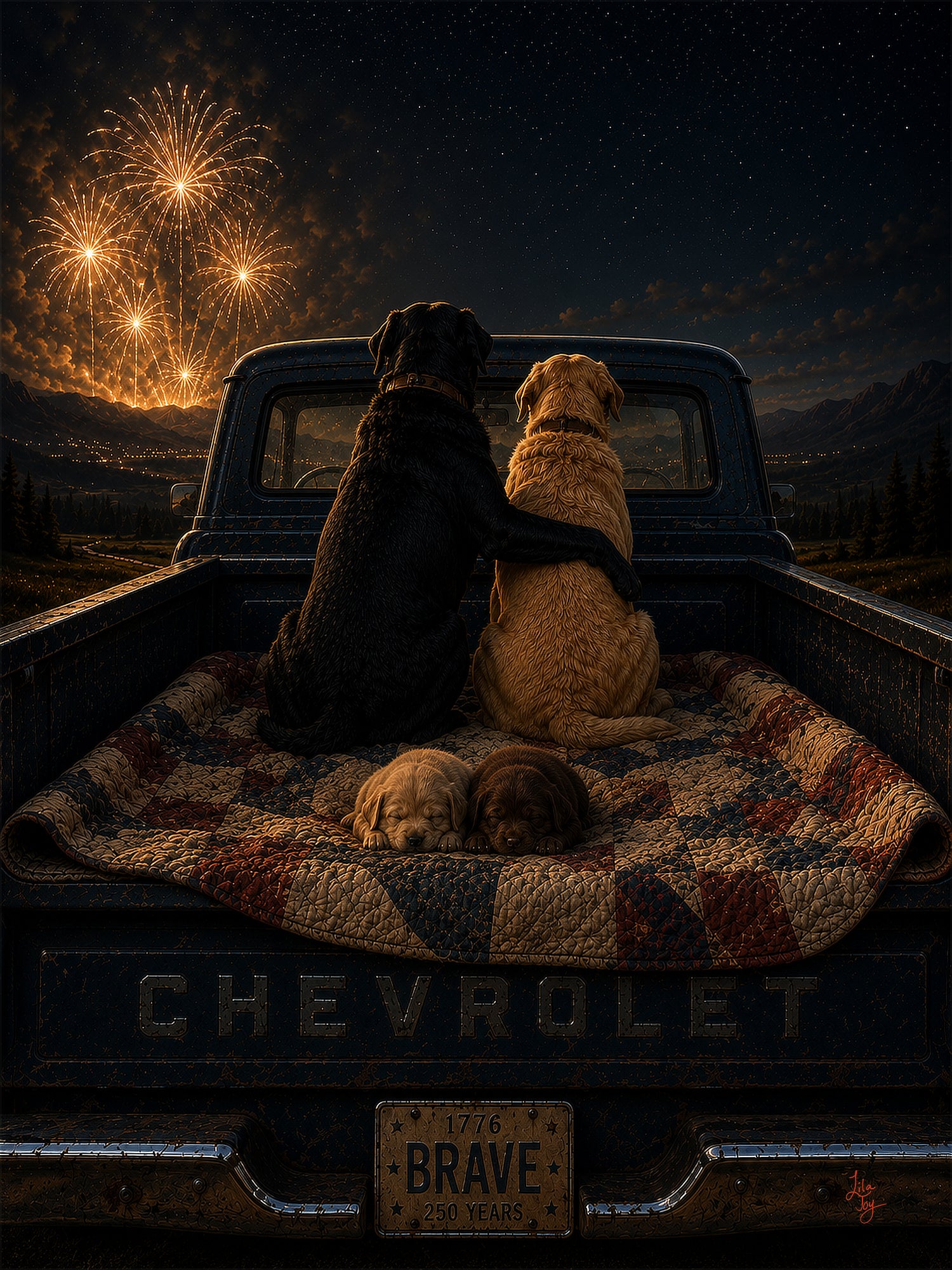 Black and yellow Lab in vintage truck art print