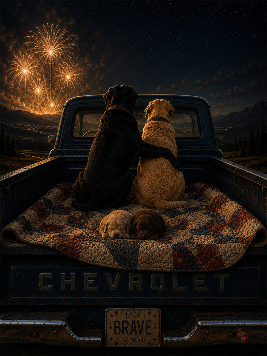 Black and yellow Lab in vintage truck art print