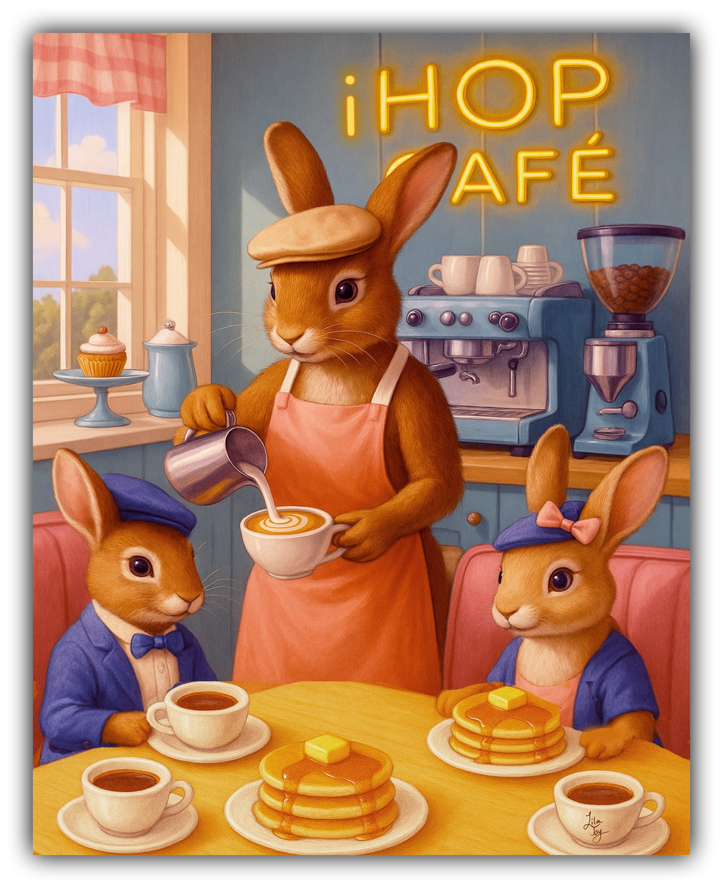 Whimsical café artwork featuring a rabbit barista pouring a latte while two bunny patrons enjoy pancakes at a cozy café table, illustrated by Lila Joy.