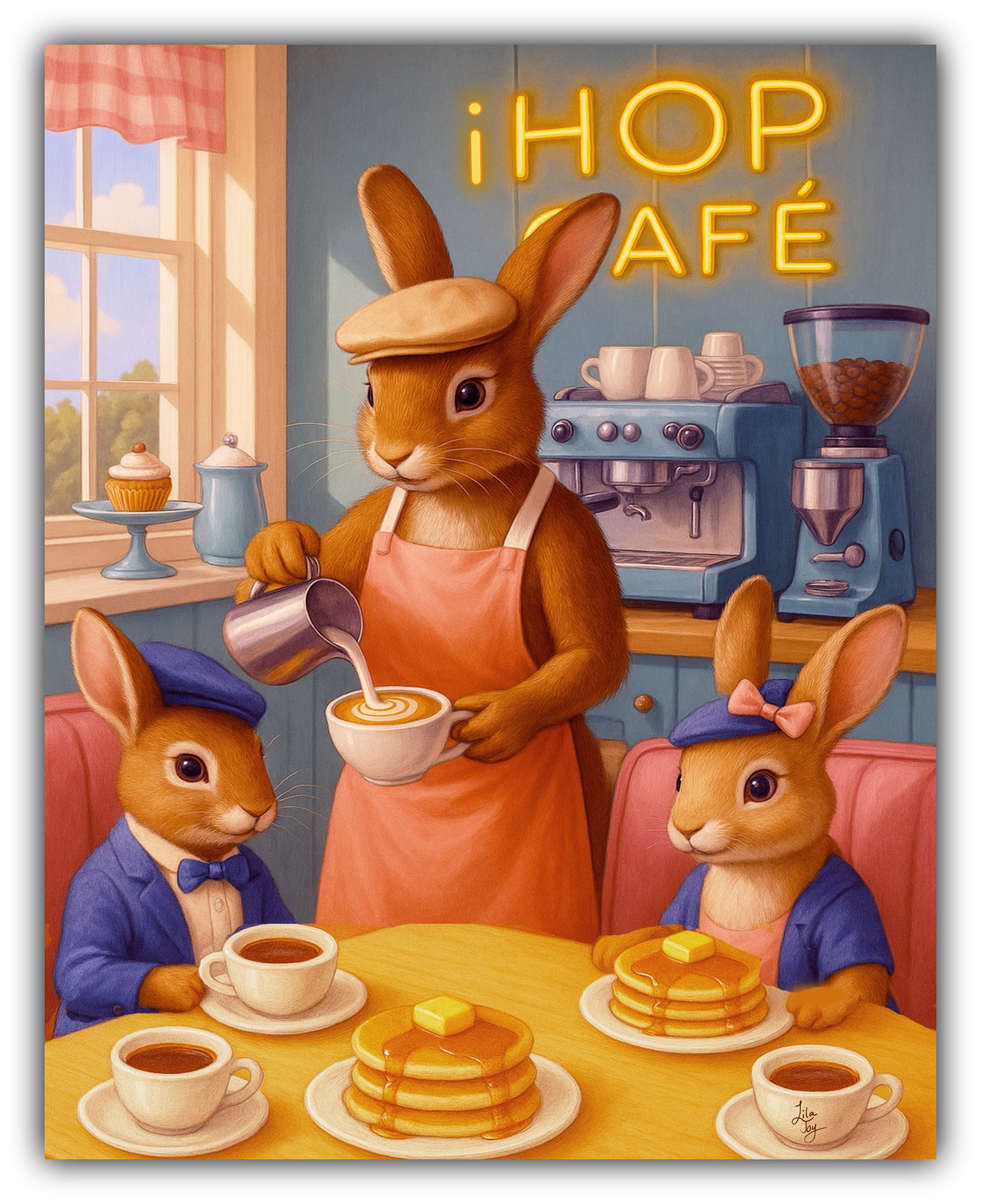 Whimsical café artwork featuring a rabbit barista pouring a latte while two bunny patrons enjoy pancakes at a cozy café table, illustrated by Lila Joy.