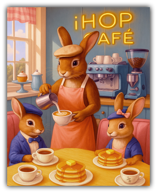Whimsical café artwork featuring a rabbit barista pouring a latte while two bunny patrons enjoy pancakes at a cozy café table, illustrated by Lila Joy.