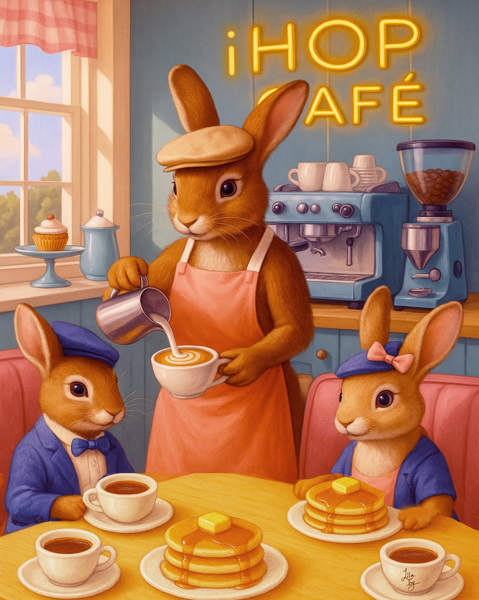 Storybook-style animal art print of rabbits in a charming café with warm pastel tones, coffee cups, and stacked pancakes, part of the Lila Joy Whimsical Wonders collection.