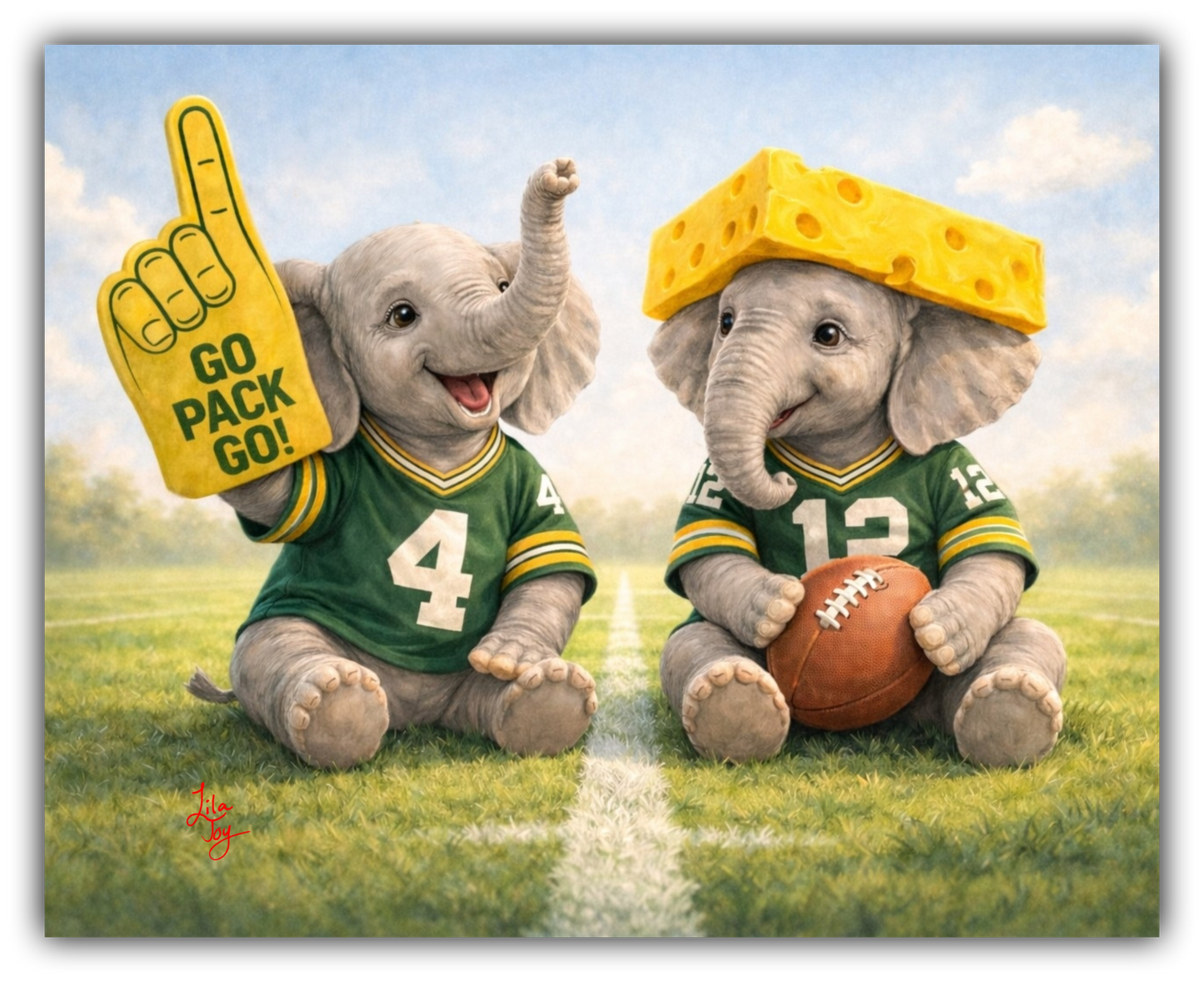 Lil Packer-Derms by Lila Joy featuring two baby elephants in green and gold football jerseys with a foam finger and cheesehead on a football field