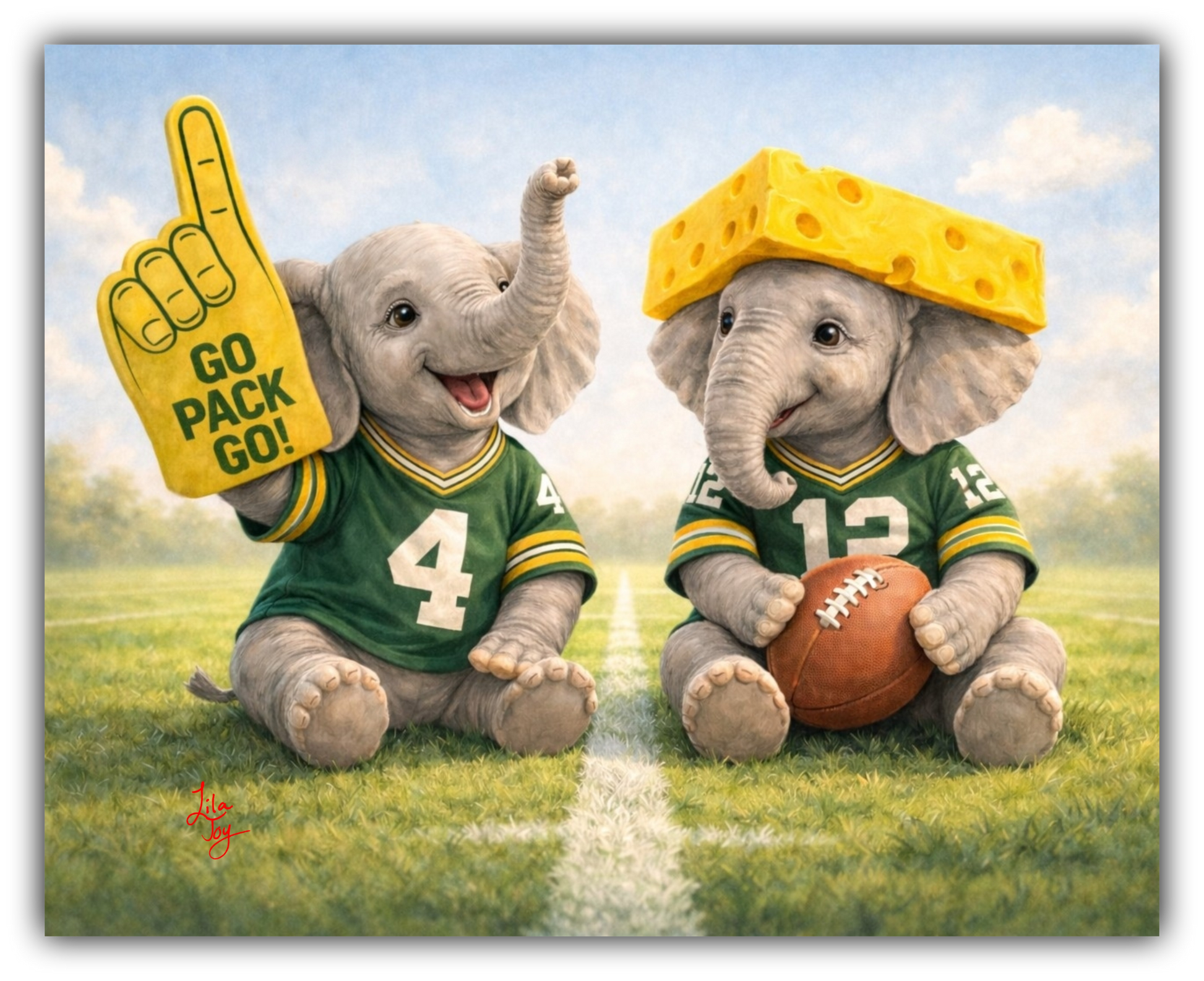 Lil Packer-Derms by Lila Joy featuring two baby elephants in green and gold football jerseys with a foam finger and cheesehead on a football field