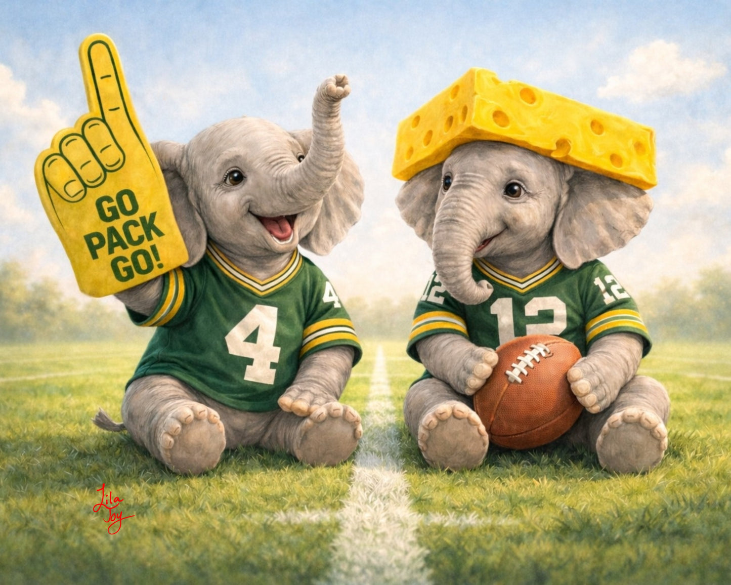 Lil Packer-Derms art print by Lila Joy featuring two baby elephants in green and gold football jerseys with a foam finger and cheesehead on a football field