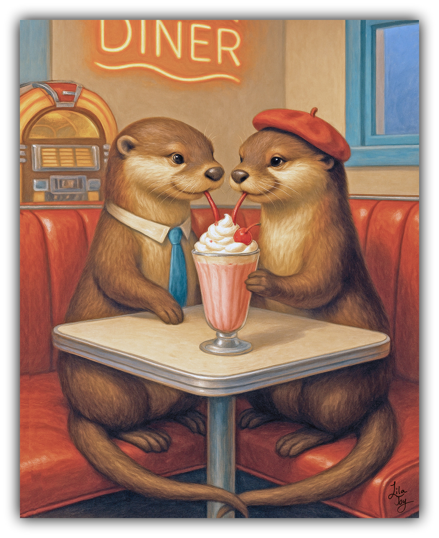 Romantic whimsical artwork featuring a pair of otters enjoying a milkshake together in a nostalgic diner setting, created in a soft, storybook style by Lila Joy.