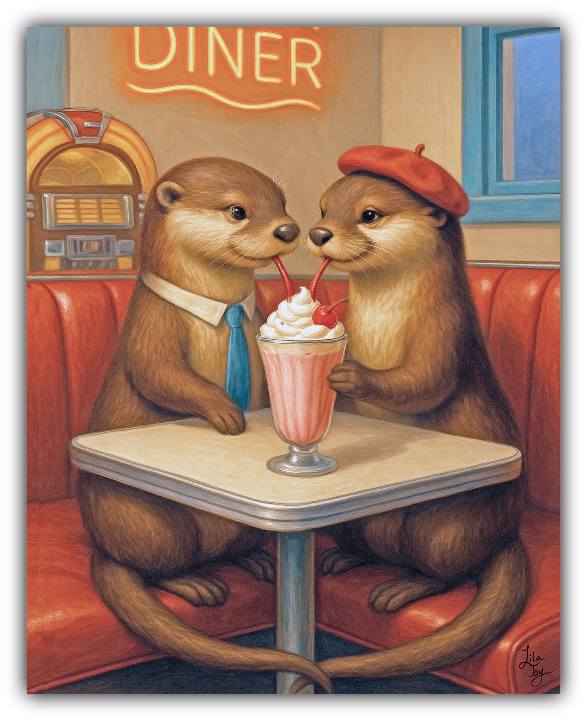 Romantic whimsical artwork featuring a pair of otters enjoying a milkshake together in a nostalgic diner setting, created in a soft, storybook style by Lila Joy.