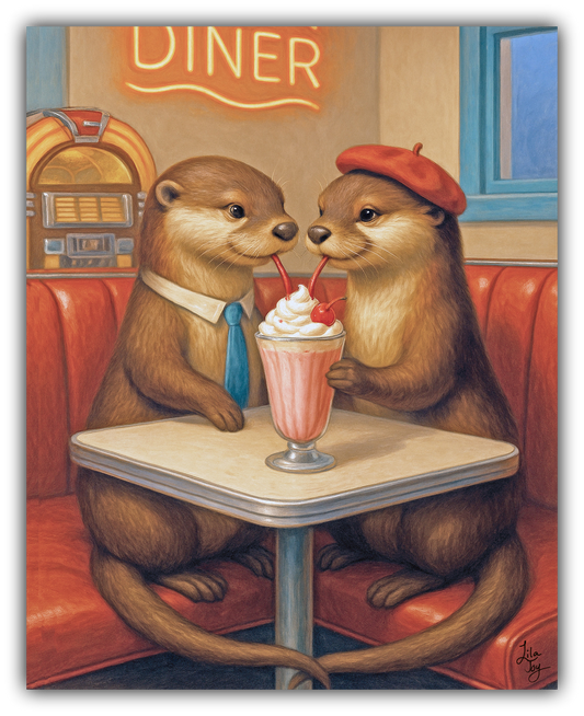 Romantic whimsical artwork featuring a pair of otters enjoying a milkshake together in a nostalgic diner setting, created in a soft, storybook style by Lila Joy.