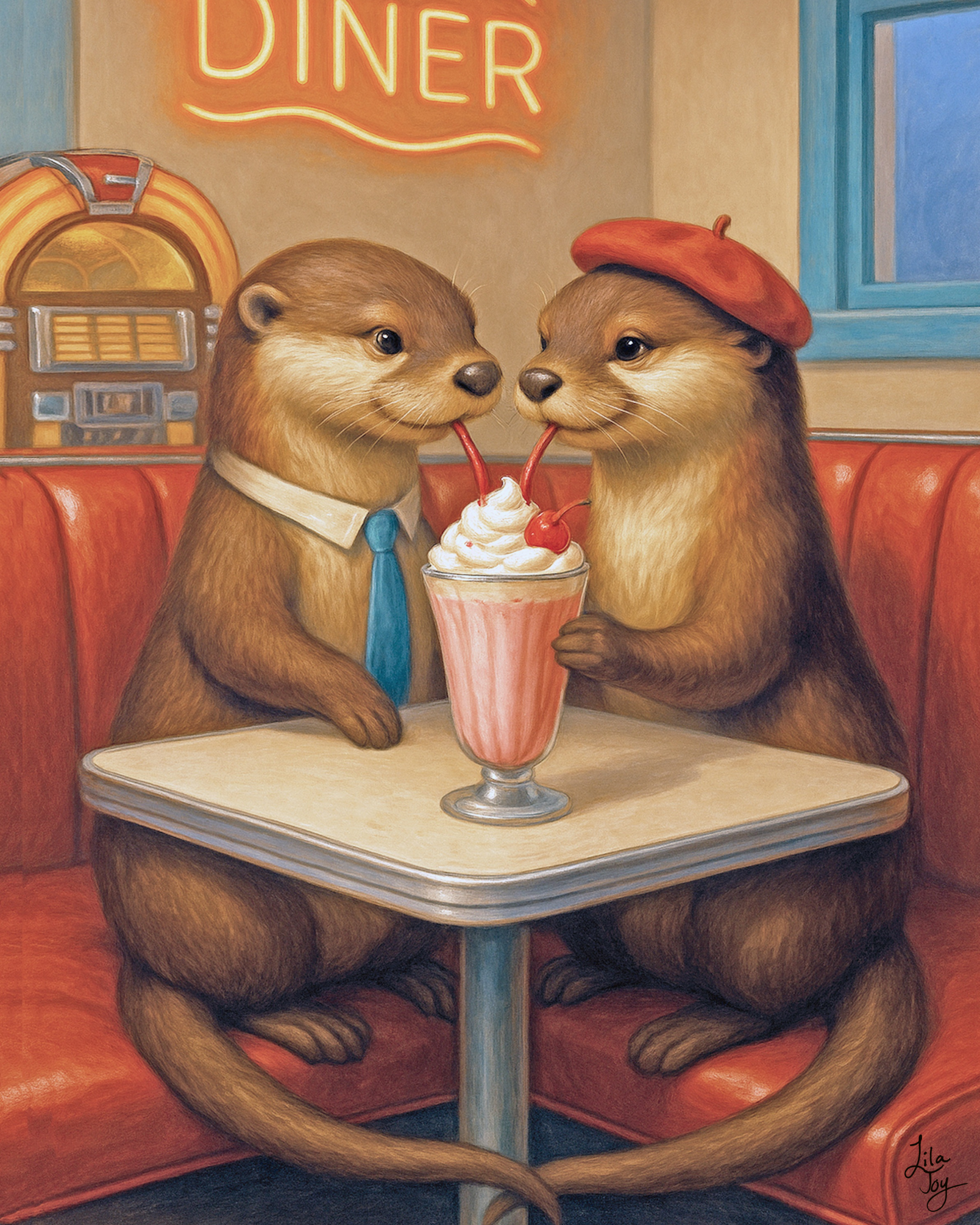 Two otters enjoying a milkshake at a diner with a neon 'Diner' sign in the background.