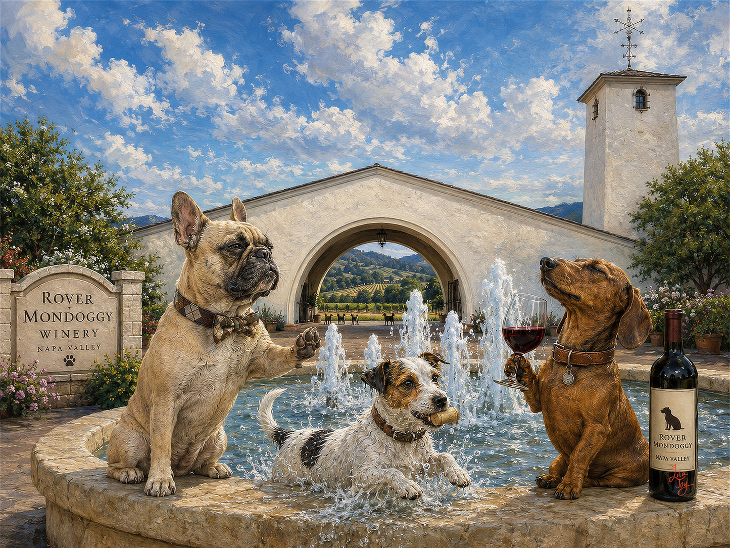 Rover Mondoggy Winery dog artwork featuring French Bulldog, Jack Russell and Dachshund at a Napa Valley winery