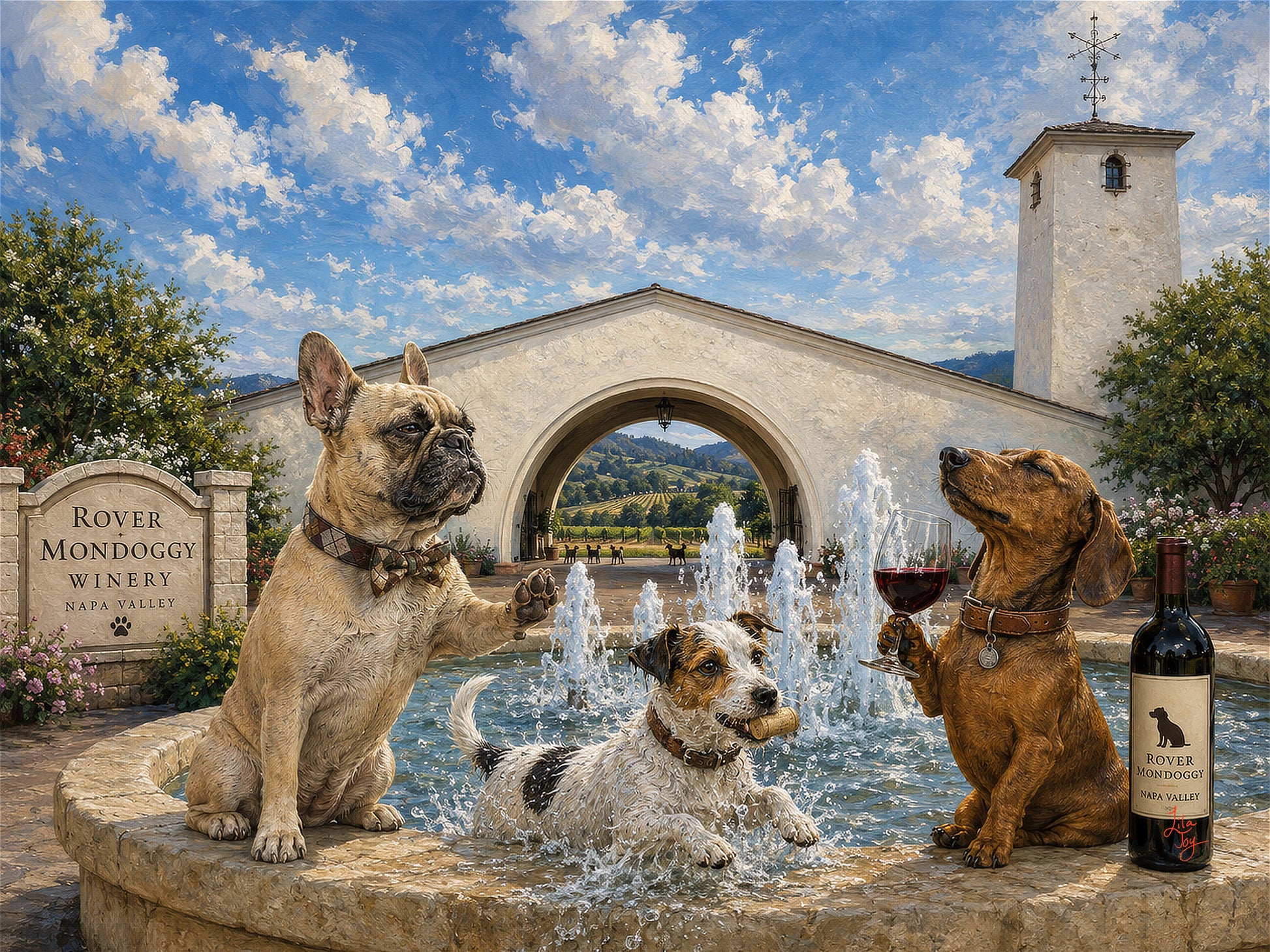 Rover Mondoggy Winery dog artwork featuring French Bulldog, Jack Russell and Dachshund at a Napa Valley winery