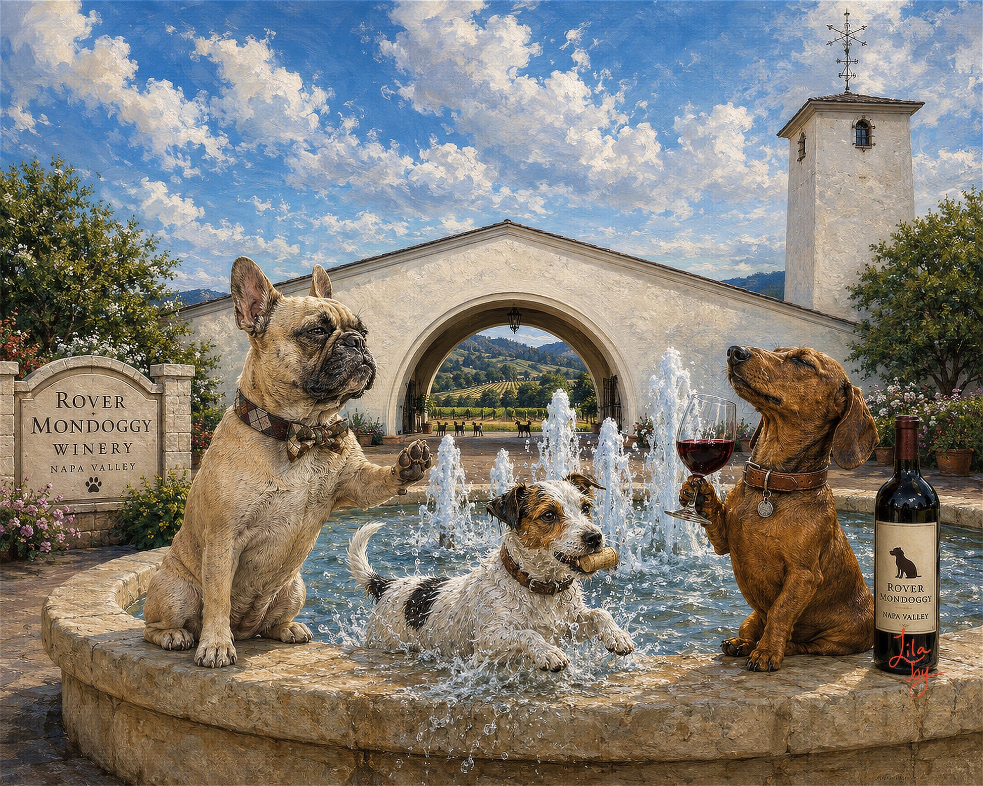 Rover Mondoggy Winery by Lila Joy, whimsical Napa Valley dog and wine artwork