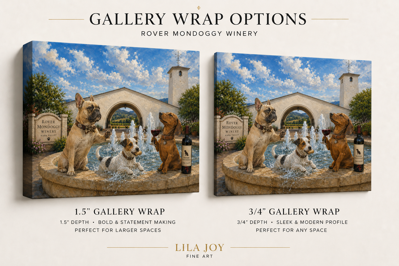 Rover Mondoggy Winery by Lila Joy shown in 1.5 inch and 3/4 inch gallery wrap canvas options