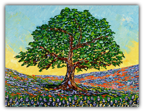 Original impasto acrylic painting Mighty Oak of the Meadow by Isabelle Dupuy featuring a large oak tree surrounded by colorful wildflowers under a golden sky.